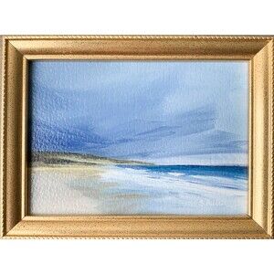 Gold Frame Original Oil Painting Coastal Seascape Moody Stormy Beach 6x8" Signed